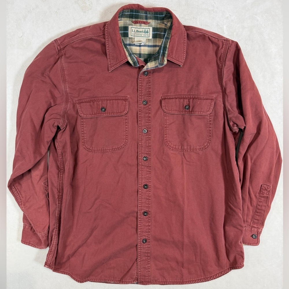 Men’s L.L. Bean Size Large Red Vintage Chore Shirt Jacket Plaid Lining